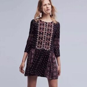 Anthropologie Vanessa Virginia Embroidered Black Pink Print Boho Mini Dress XS